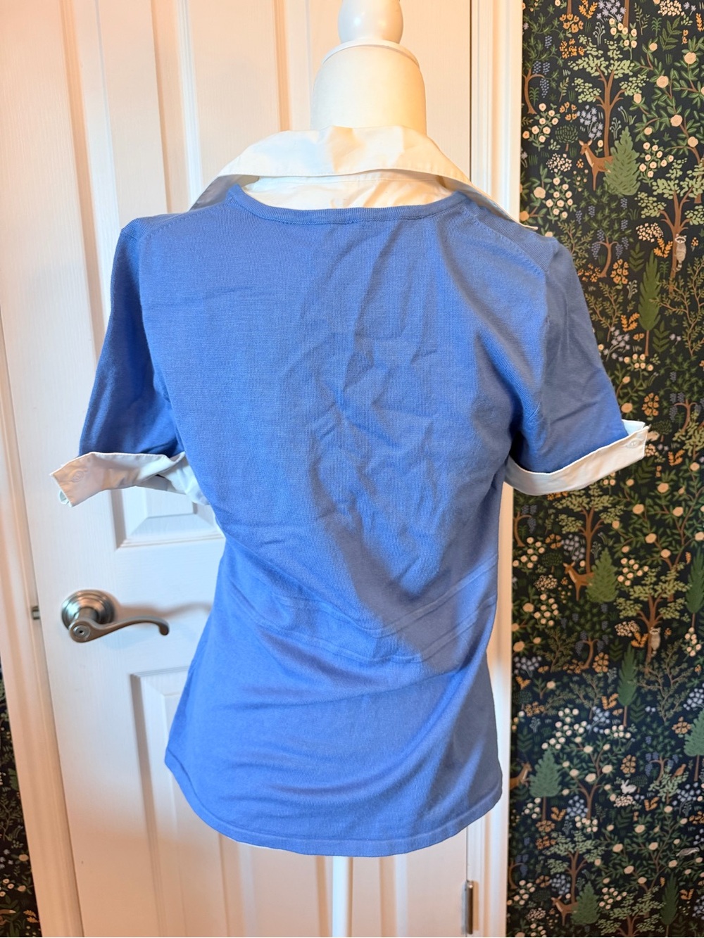 Spense Blue V-Neck Short Sleeve Polo-Style Top with White Collar - Picture 7 of 7